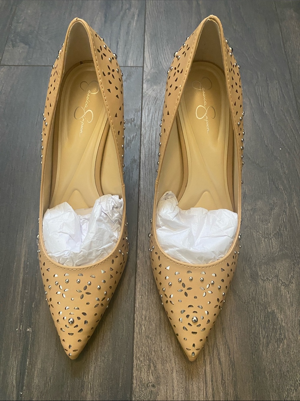 Jessica Simpson Tan Pointed Toe Studded Flats - Perforated Detail